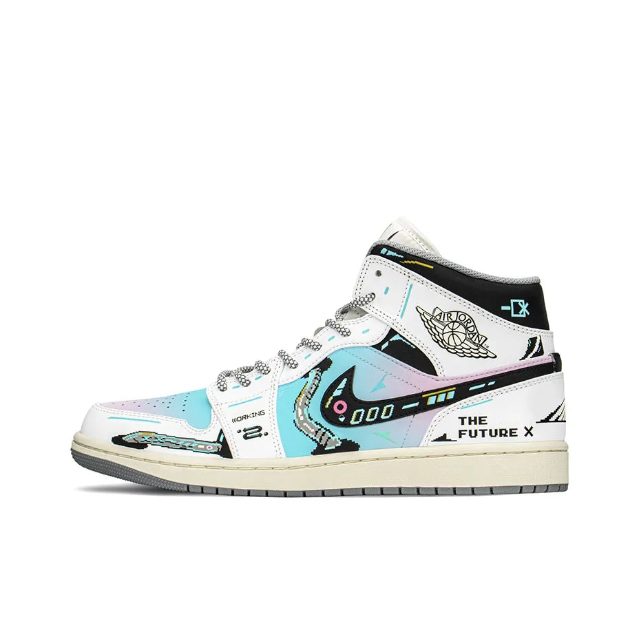 [Custom Cyber Cotton Candy] Jordan Air Jordan 1 Mid Unisex Skateboarding Shoes