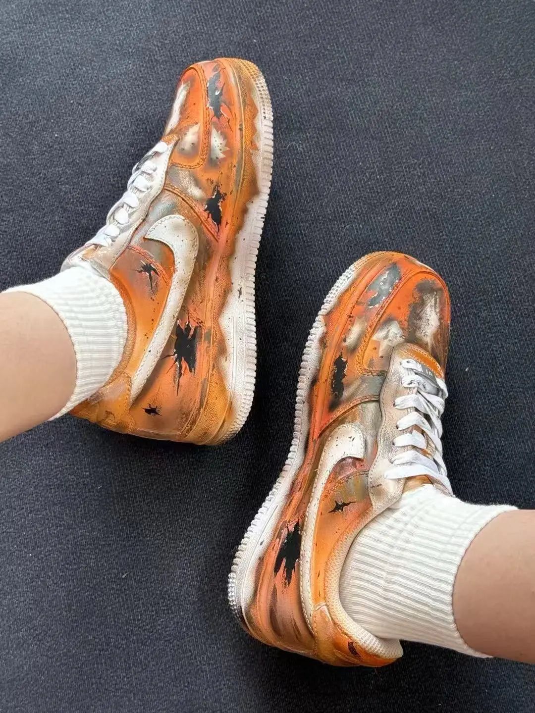 [Customized Damaged Space] Air Force 1 Low-top Shoes Unisex Black/Orange