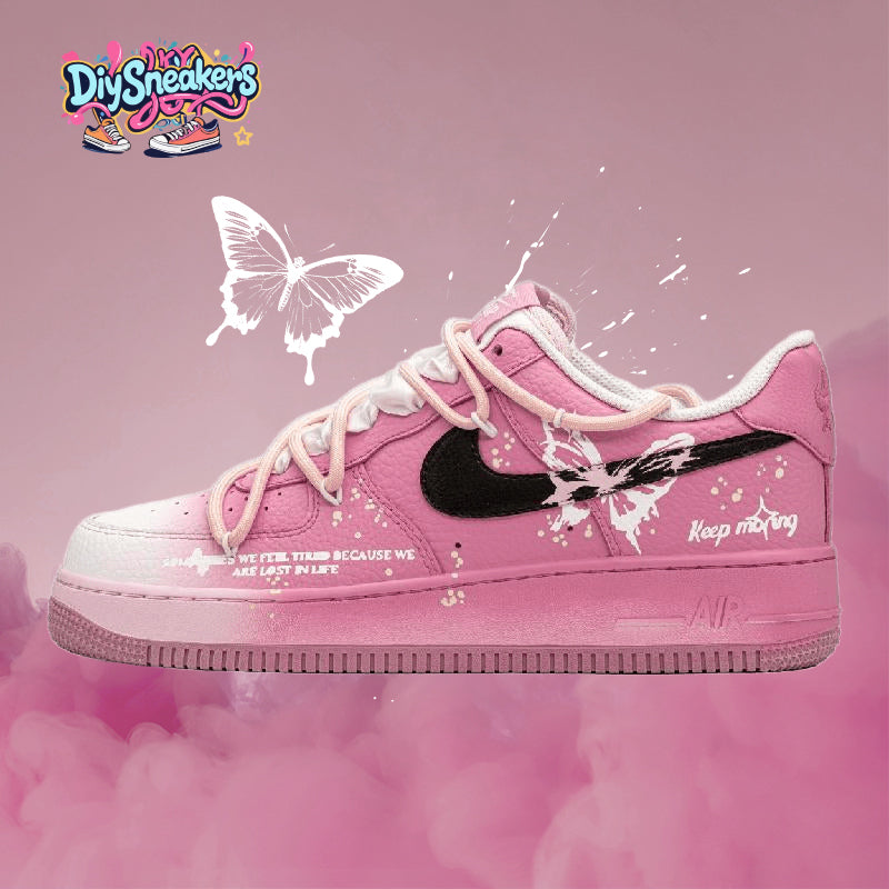 [Custom The butterfly is fluttering]  Air Force 1 Skateboarding Shoes Women's Low-top Black/pink