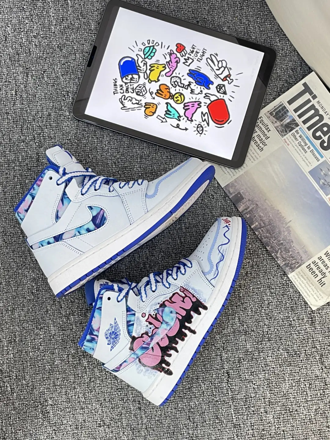 [Custom White Noise, Blue Notes ] Air Jordan 1 High - Top Skateboarding Shoes Unisex White/Blue