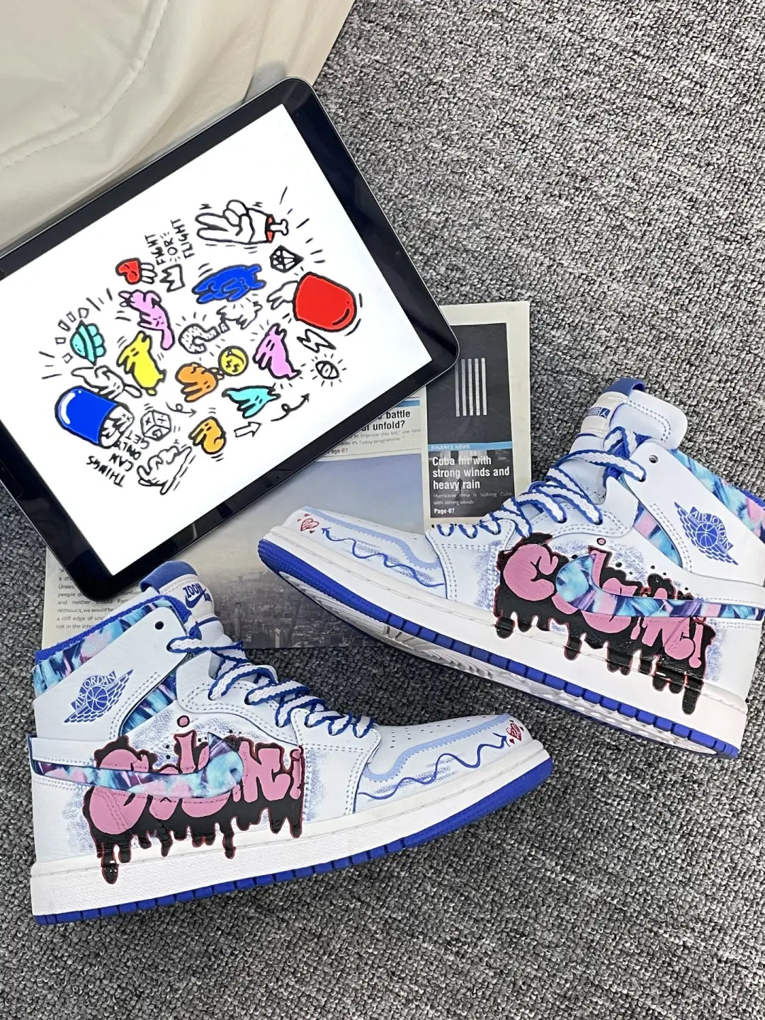 [Custom White Noise, Blue Notes ] Air Jordan 1 High - Top Skateboarding Shoes Unisex White/Blue