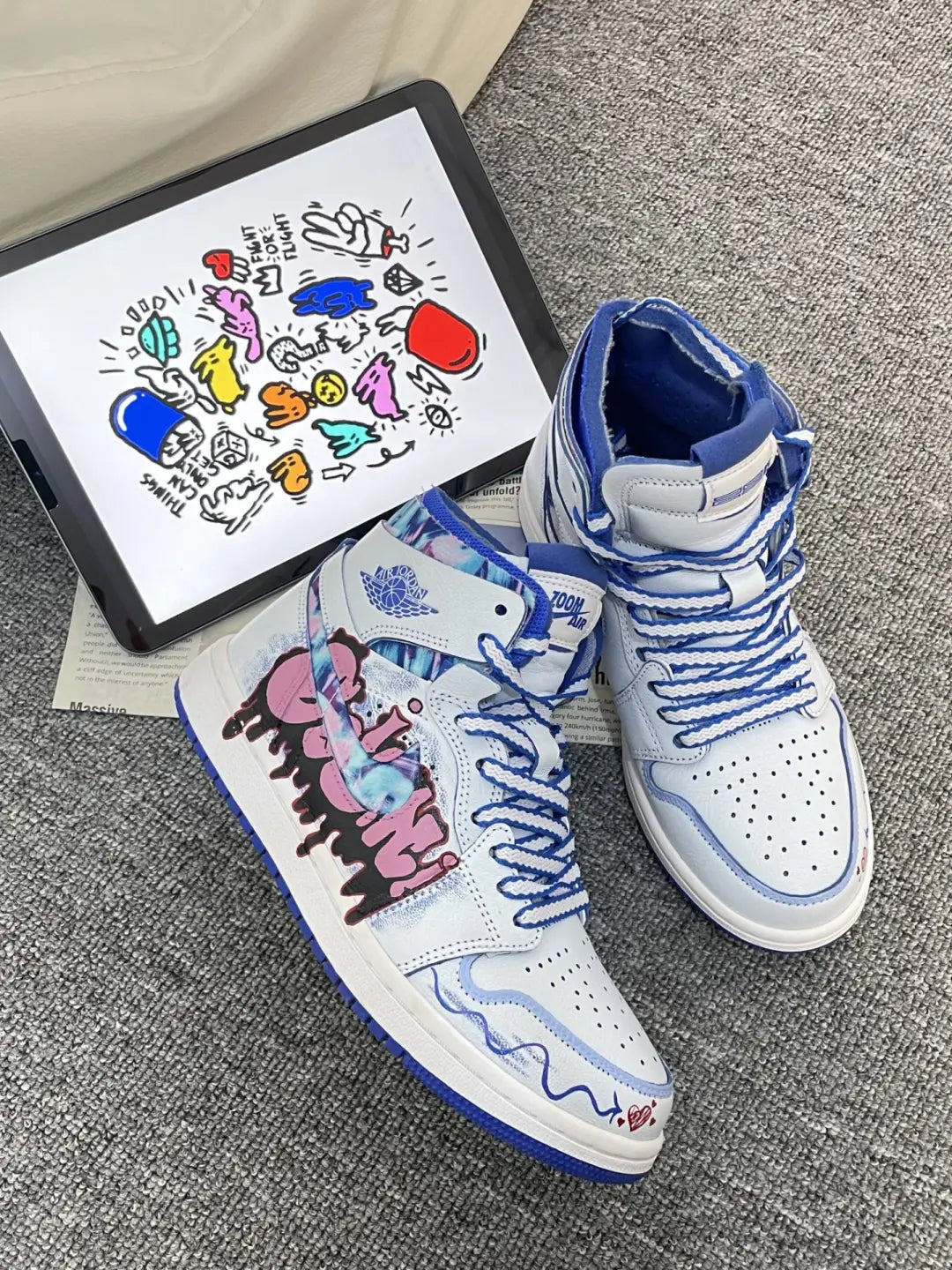 [Custom White Noise, Blue Notes ] Air Jordan 1 High - Top Skateboarding Shoes Unisex White/Blue