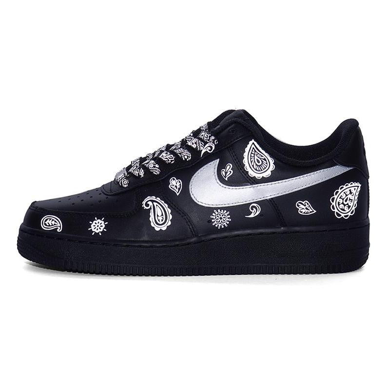 [Custom Cashew flower element]  Air Force 1 Skateboarding Shoes Women's Low-top Black