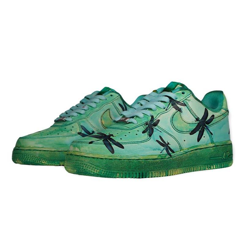 [Custom The women's green-dyed dragonfly is dyed greenish-black]  Air Force 1 Skateboarding Shoes Women's Low-top Black/Green