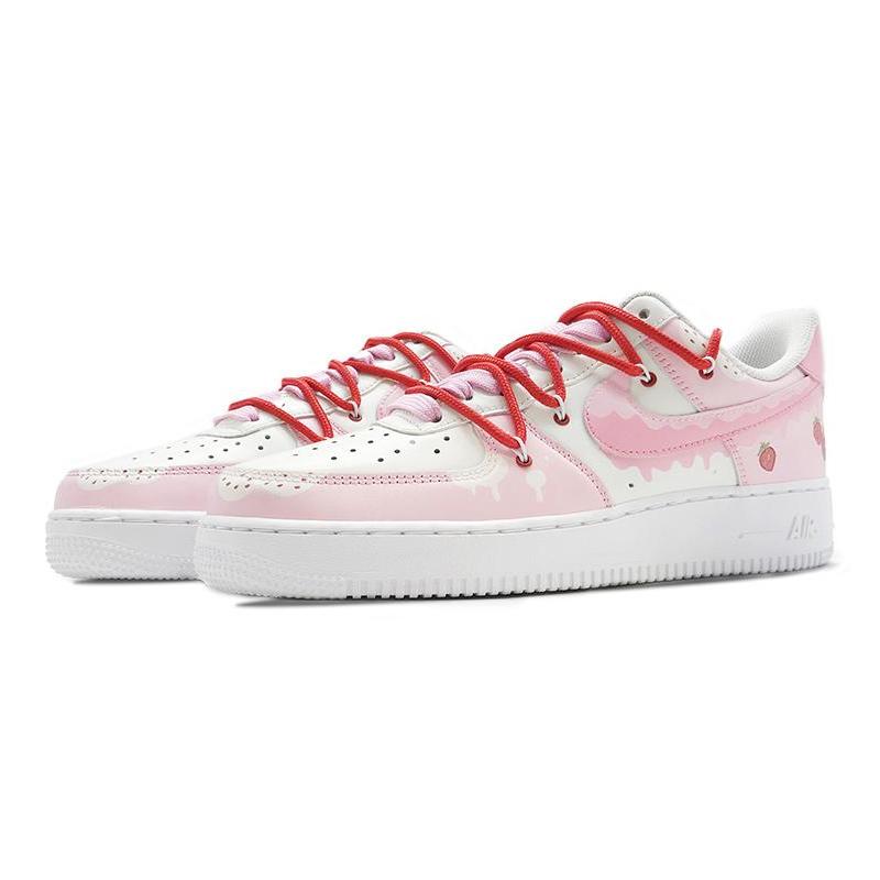 [Custom Strawberry hand-painted pink and white]  Air Force 1 Skateboarding Shoes Men Low-top Pink/white