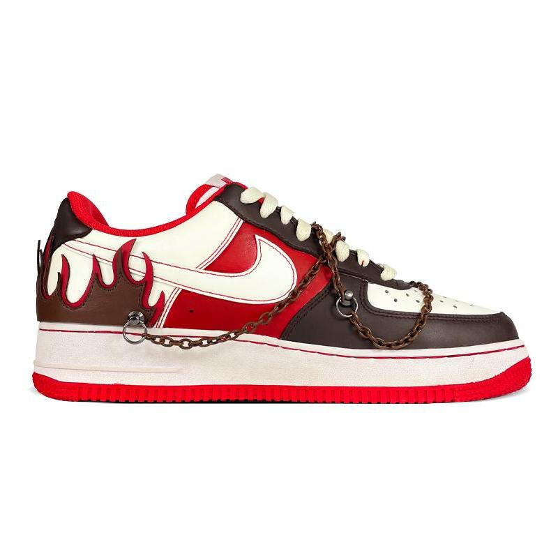 [Custom Flame brownish red for both men and women]  Air Force 1 Skateboarding Shoes Unisex Low-top Brown/Red