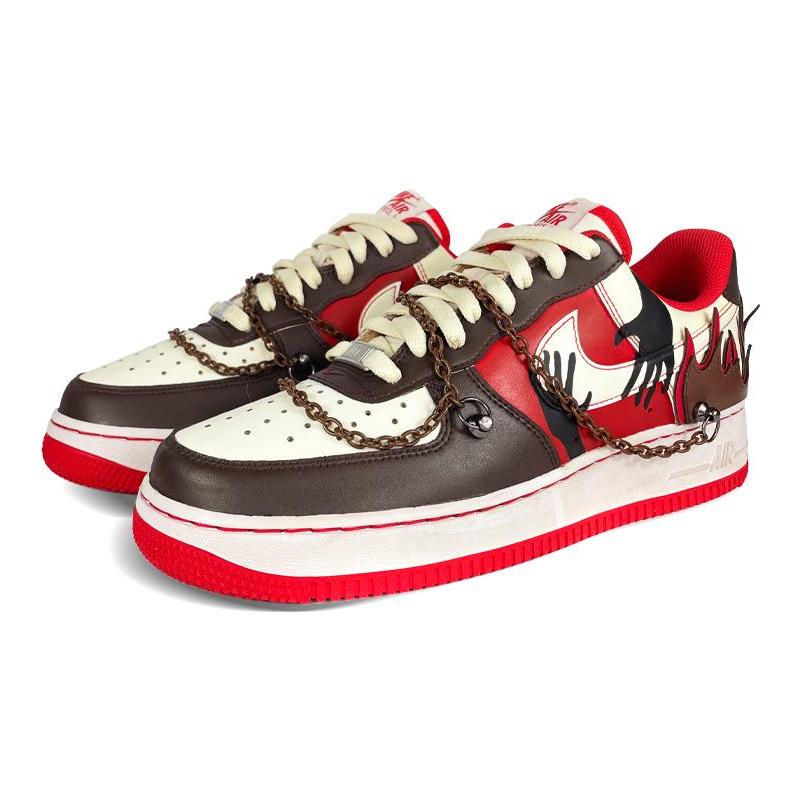 [Custom Flame brownish red for both men and women]  Air Force 1 Skateboarding Shoes Unisex Low-top Brown/Red