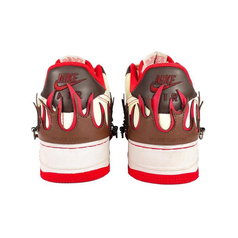 [Custom Flame brownish red for both men and women]  Air Force 1 Skateboarding Shoes Unisex Low-top Brown/Red