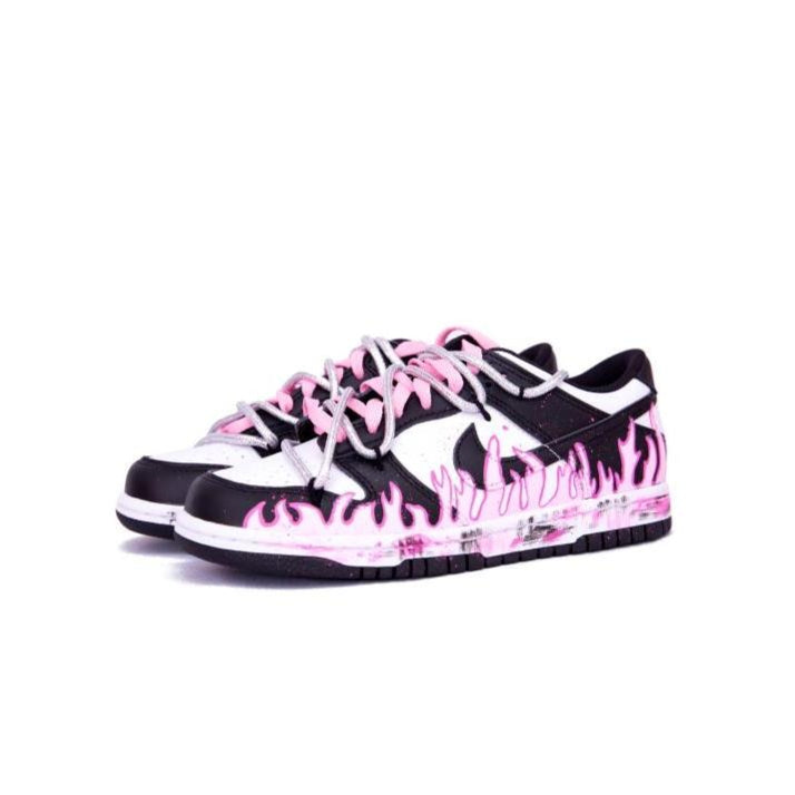[Custom Blazing Fire]  Dunk Skateboarding Shoes Women's Low-top Dark Obsidian/Fierce Pink/White