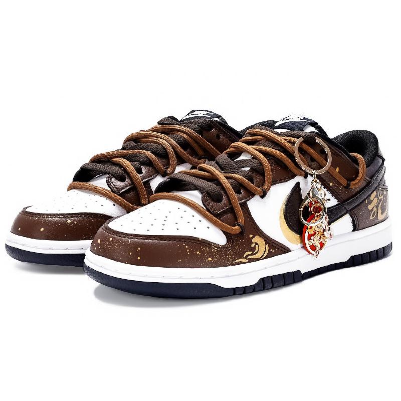 [Custom Female dragon carp]  Dunk Skateboarding Shoes Women's Low-top Brown/white/gold
