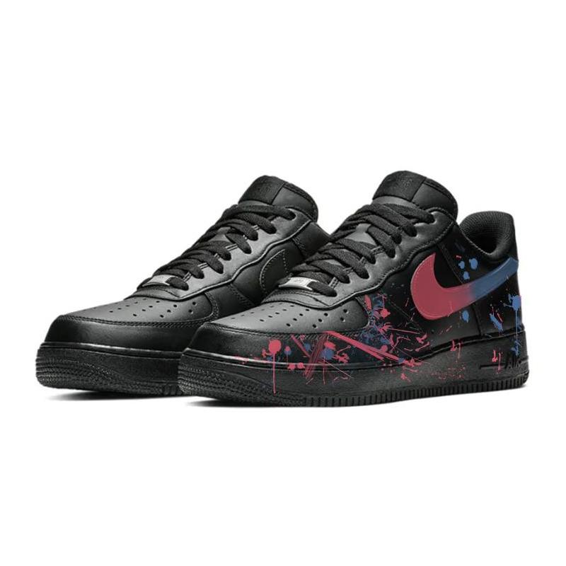 [Custom Splashed ink in blue and pink]  Air Force 1 Skateboarding Shoes Unisex Low-top Black/pink
