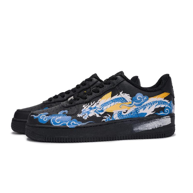[Custom The same style for both men and women: tiger roar and Dragon roar]  Air Force 1 Skateboard Shoes Unisex Low-Top Blue/Yellow