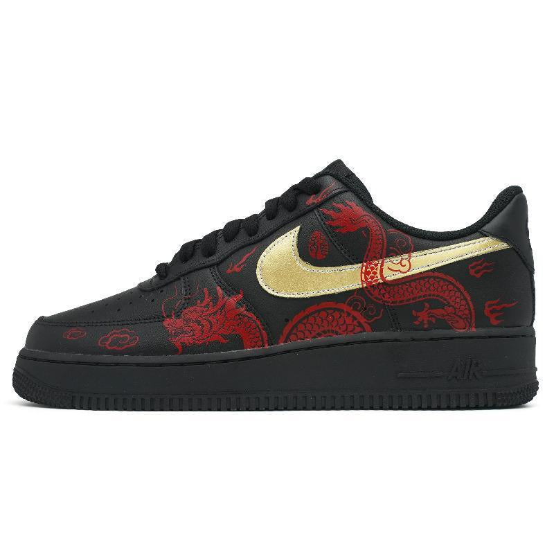 [Custom Red and Golden Cloud Dragon]  Air Force 1 Skateboarding Shoes Men Low-top Black