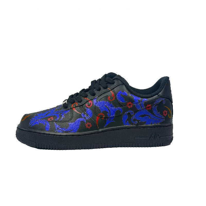 [Custom Blue and red flowers]  Air Force 1 Skateboard Shoes Unisex Low-Top Black/Blue