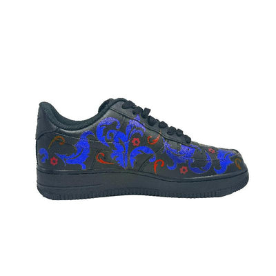 [Custom Blue and red flowers]  Air Force 1 Skateboard Shoes Unisex Low-Top Black/Blue