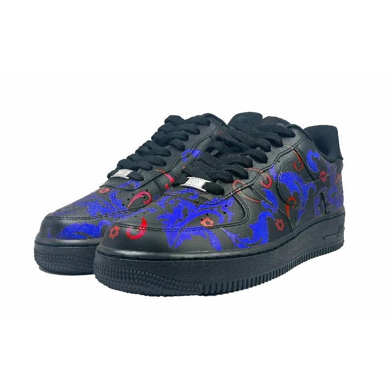 [Custom Blue and red flowers]  Air Force 1 Skateboard Shoes Unisex Low-Top Black/Blue