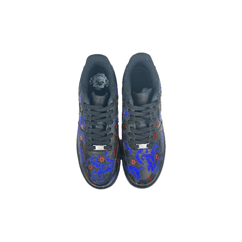 [Custom Blue and red flowers]  Air Force 1 Skateboard Shoes Unisex Low-Top Black/Blue