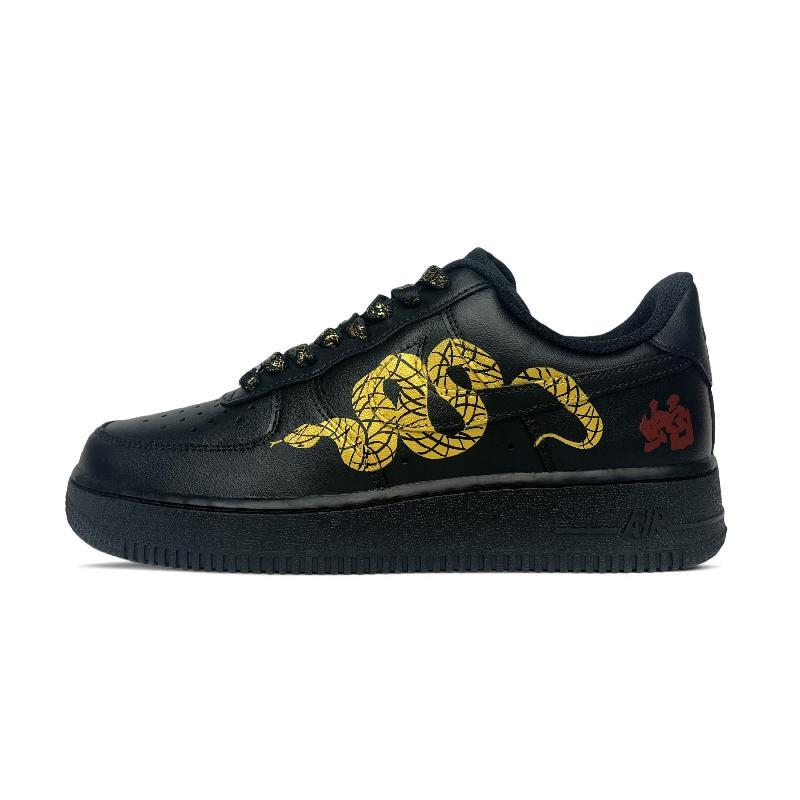 [Custom Golden Python]  Air Force 1 Skateboard Shoes Men Low-Top Black/Gold