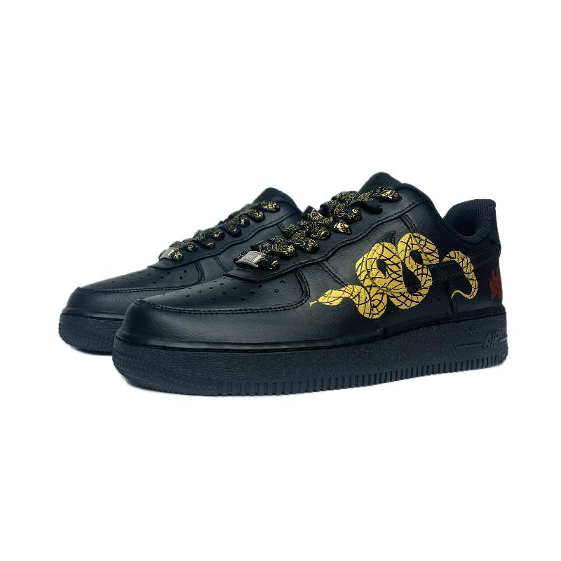 [Custom Golden Python]  Air Force 1 Skateboard Shoes Men Low-Top Black/Gold