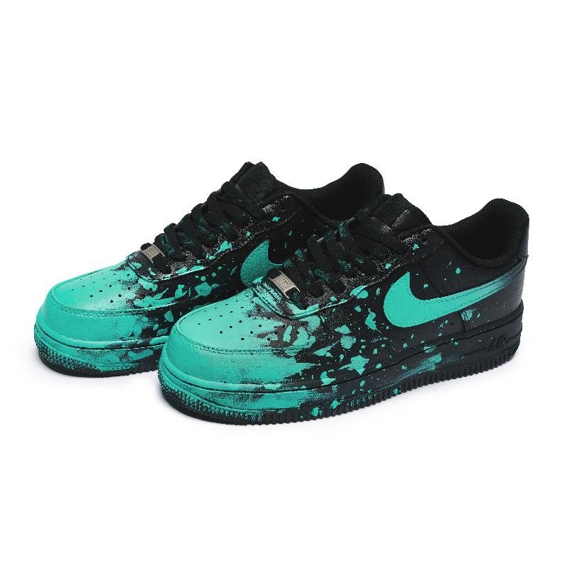 [Custom Crazy doodle Green ]  Air Force 1 Skateboarding Shoes Unisex Low-top Cyan/black