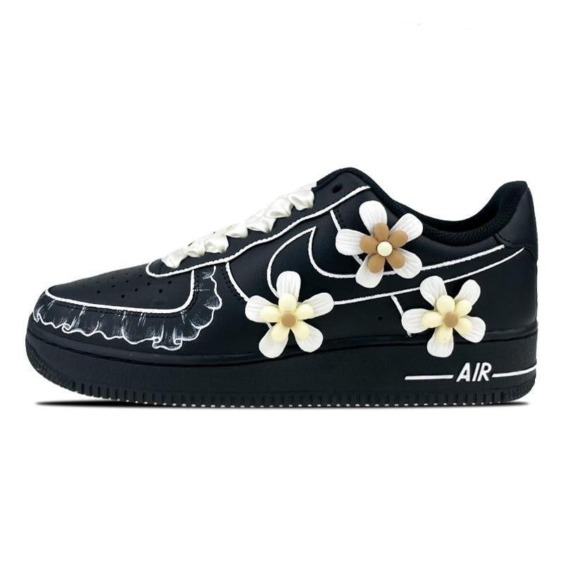 [Custom Men's three-dimensional flowers]  Air Force 1 Skateboarding Shoes Men Low-top Black/white