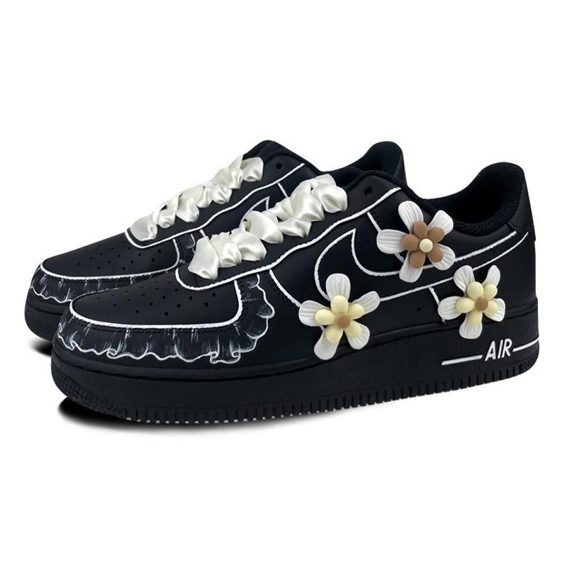 [Custom Men's three-dimensional flowers]  Air Force 1 Skateboarding Shoes Men Low-top Black/white