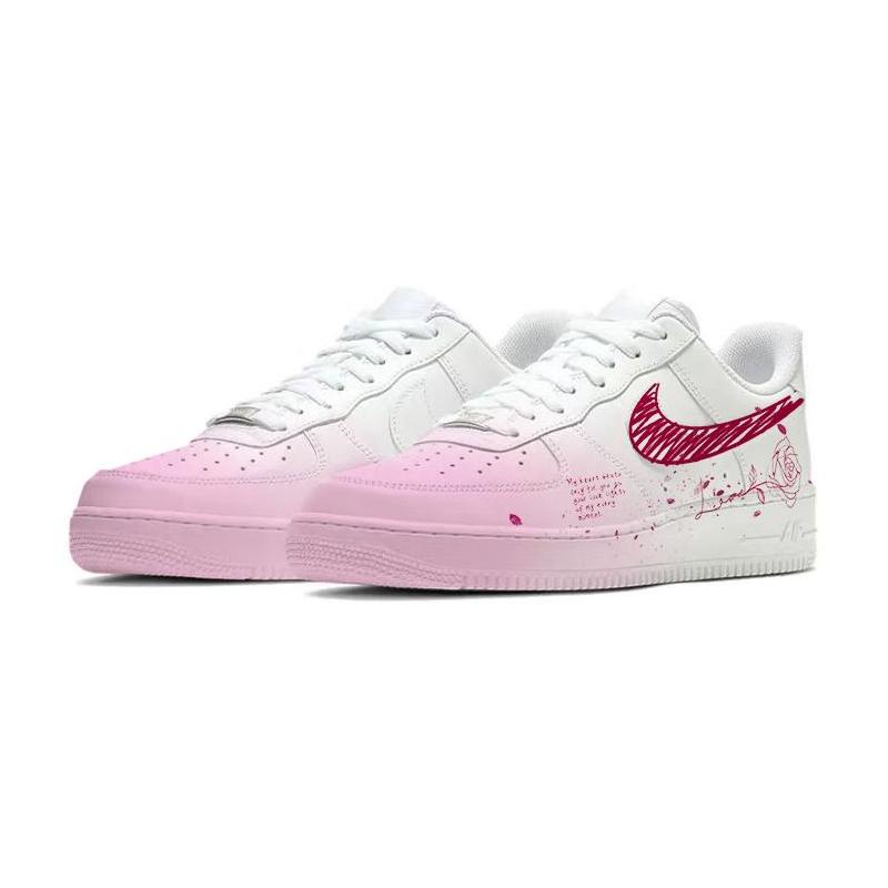 [Custom Roses on the Qixi Festival]  Air Force 1 Skateboarding Shoes Men Low-top White/pink