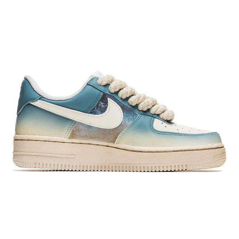 [Custom Denim retro gradient blue C]  Air Force 1 Skateboarding Shoes Men Low-top Blue/beige