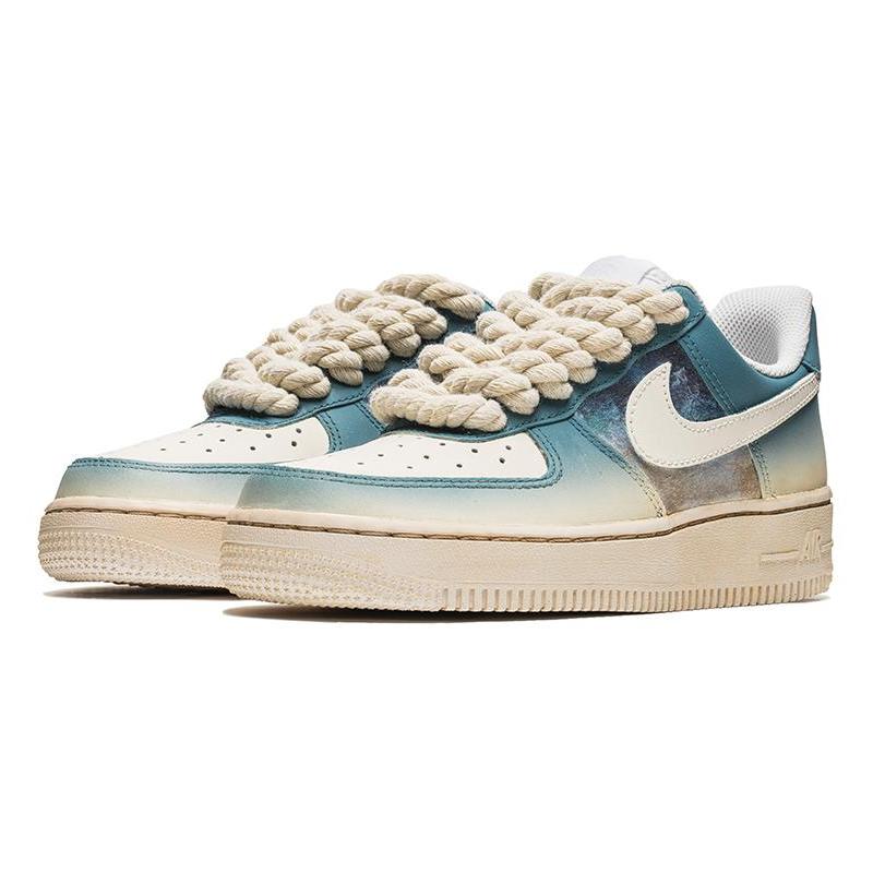[Custom Denim retro gradient blue C]  Air Force 1 Skateboarding Shoes Men Low-top Blue/beige