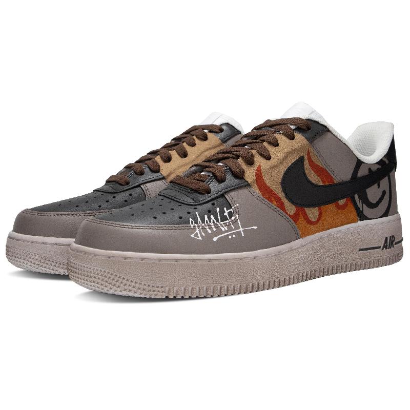 [Custom Flame graffiti]  Air Force 1 Skateboarding Shoes Men Low-top Brown/black