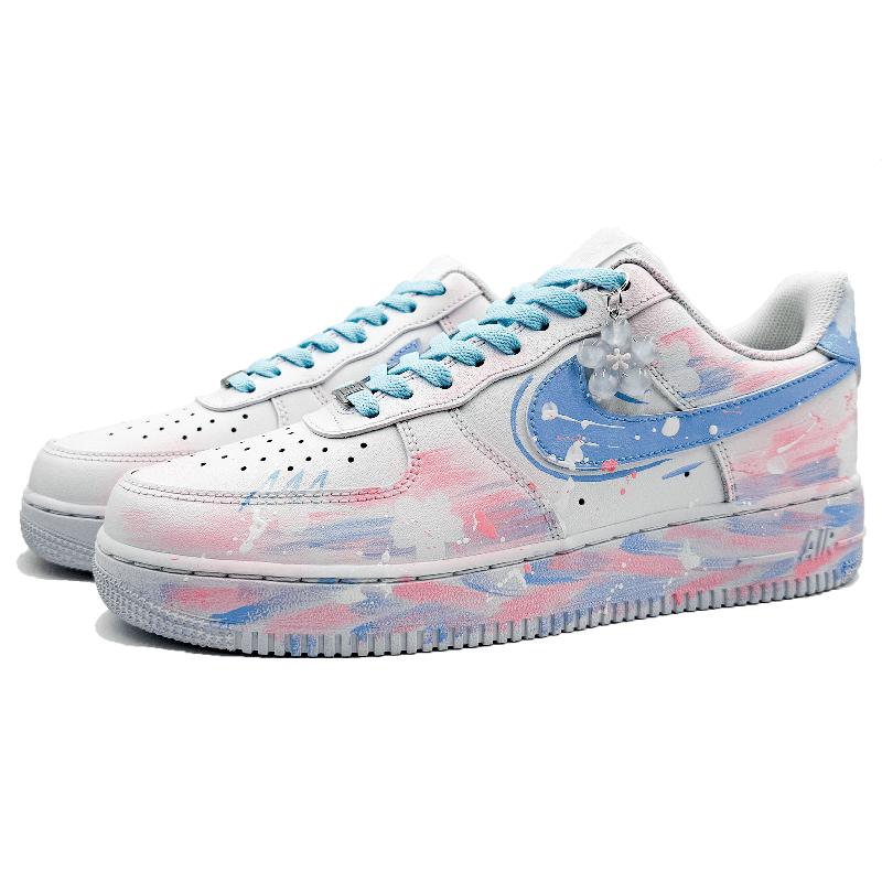 [Custom Star blue cherry pink]  Air Force 1 Skateboard Shoes Unisex Low-Top White/Lake Blue