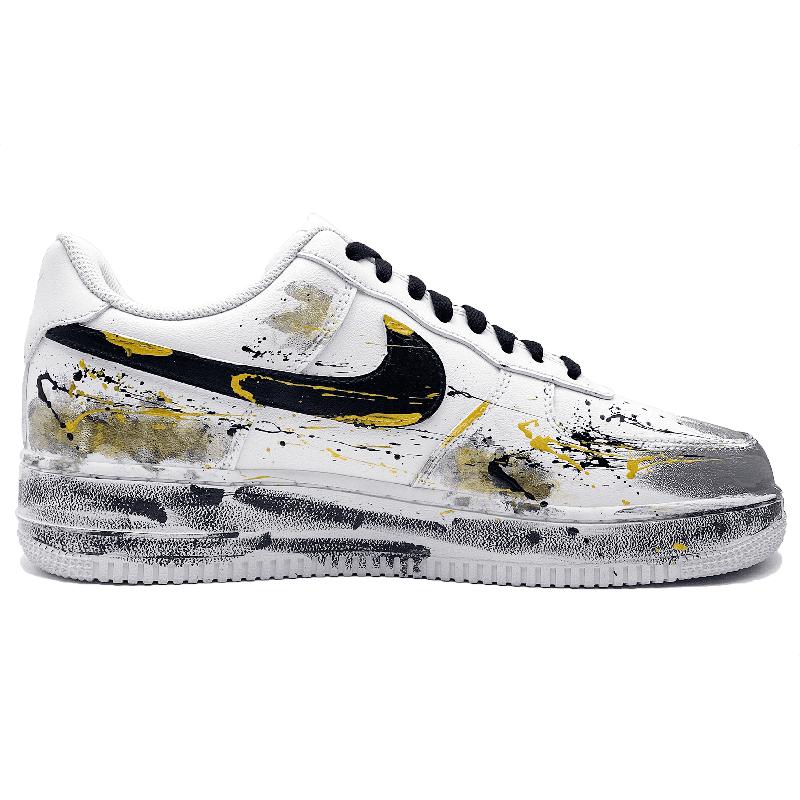 [Custom Black ink flows with gold]  Air Force 1 Skateboard Shoes Unisex Low-Top Ink/Gold