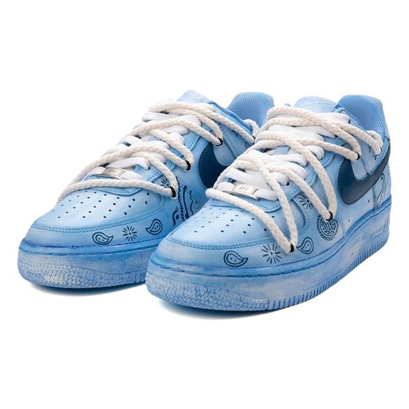 [Custom AF1 male blue-black cashew flower]  Air Force 1 Skateboarding Shoes Men Low-top Blue/Black