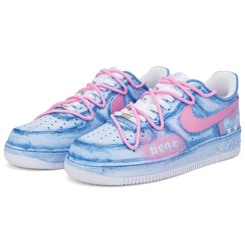 [Custom Blue and pink patch bear]  Air Force 1 Skateboarding Shoes Unisex Low-top Blue/pink