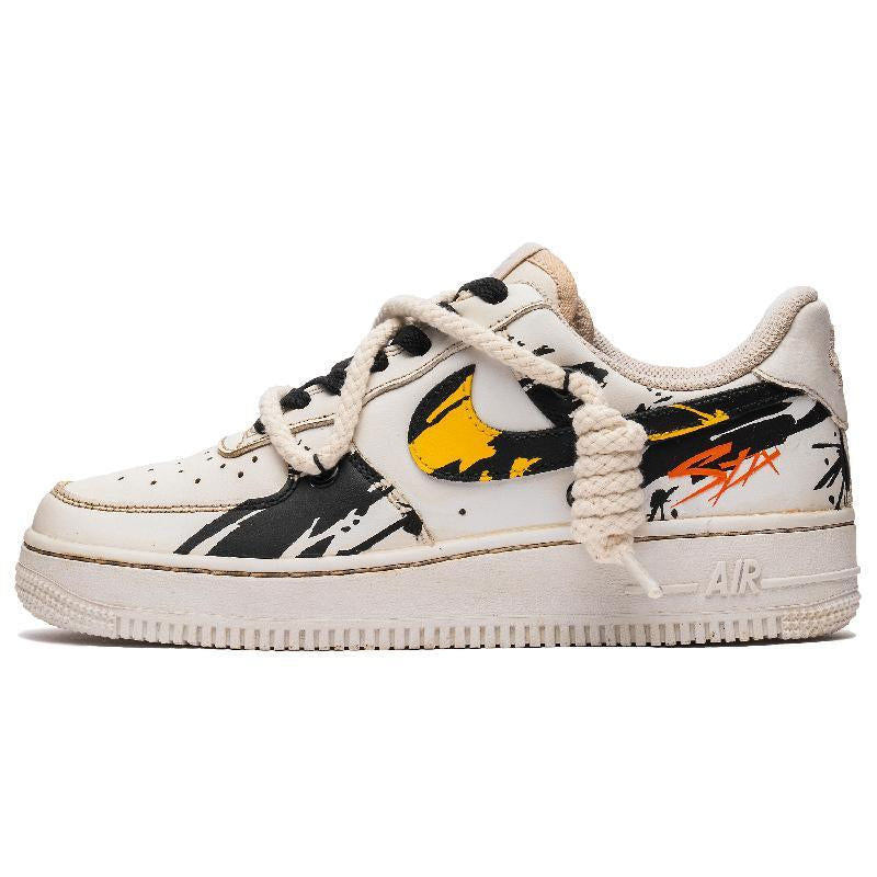 [Custom Men's ink-wash art in black and yellow]  Air Force 1 Skateboarding Shoes Men Low-top Black/Yellow