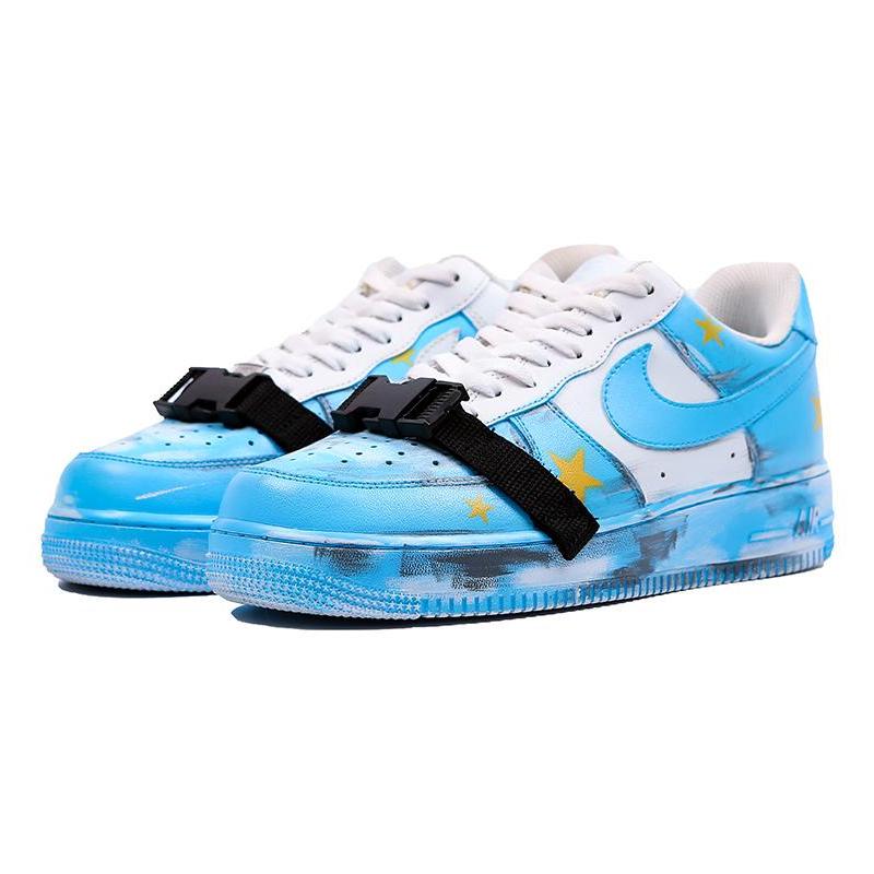 [Custom Men's white and blue scratch cards]  Air Force 1 Skateboarding Shoes Men Low-top White/Royal Blue