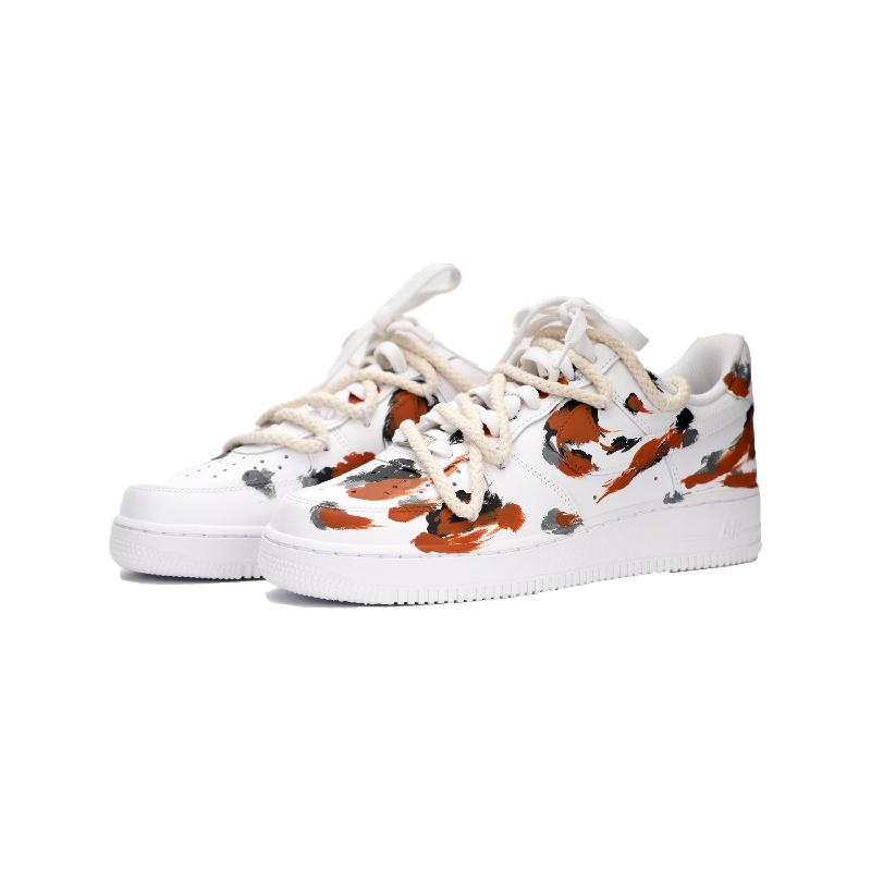 [Custom Tricolor koi]  Air Force 1 Skateboarding Shoes Unisex Low-top White/Gray/Black/Reddish Brown