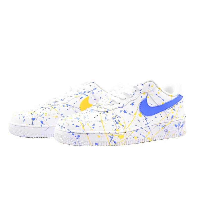 [Custom The colors are jumping, blue and yellow]  Air Force 1 Skateboarding Shoes Men Low-top White/Blue/Yellow