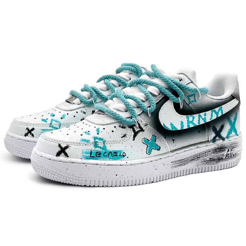 [Custom Crayon drawing 2.0 blue]  Air Force 1 Skateboarding Shoes Unisex Low-top White/black/cyan