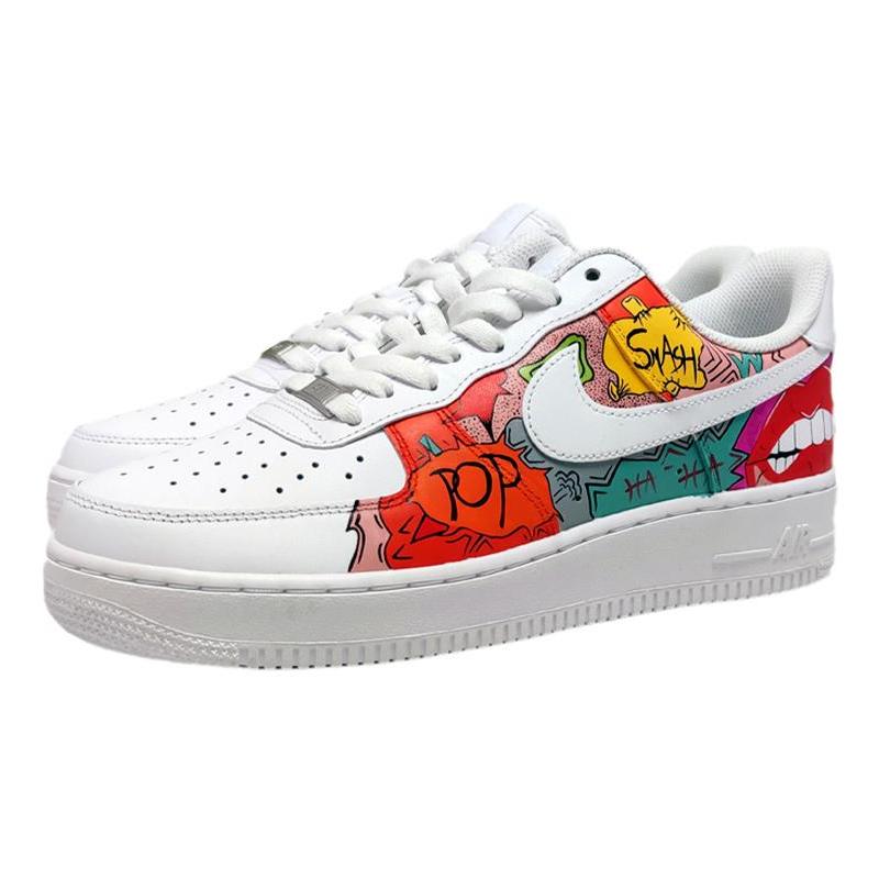 [Custom Men's graffiti in white and red]  Air Force 1 Skateboarding Shoes Men Low-top White/Red