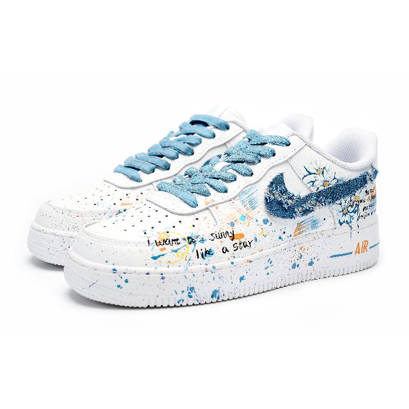 [Custom Blue daisies]  Air Force 1 Skateboard Shoes Men Low-Top White