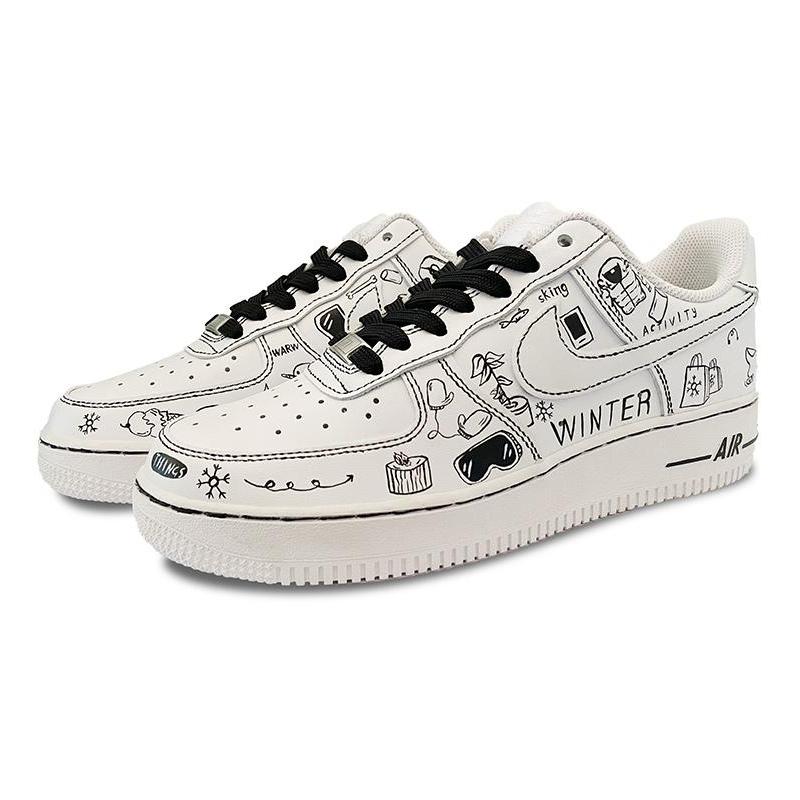 [Custom Men's graffiti warm winter white and black]  Air Force 1 Skateboarding Shoes Men