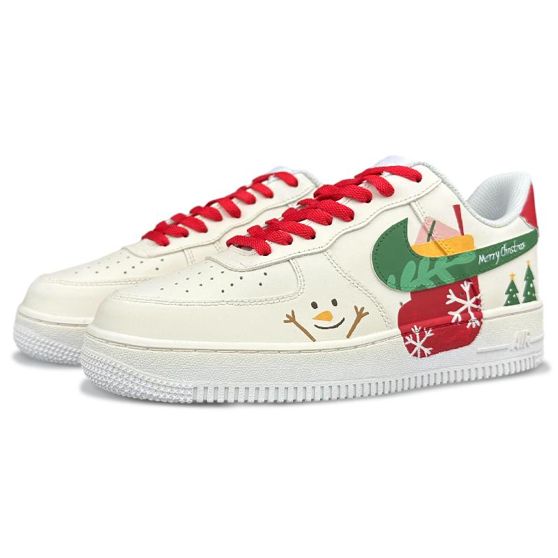 [Custom Men's Christmas greetings]  Air Force 1 Skateboarding Shoes Men Low-top Red/green/beige