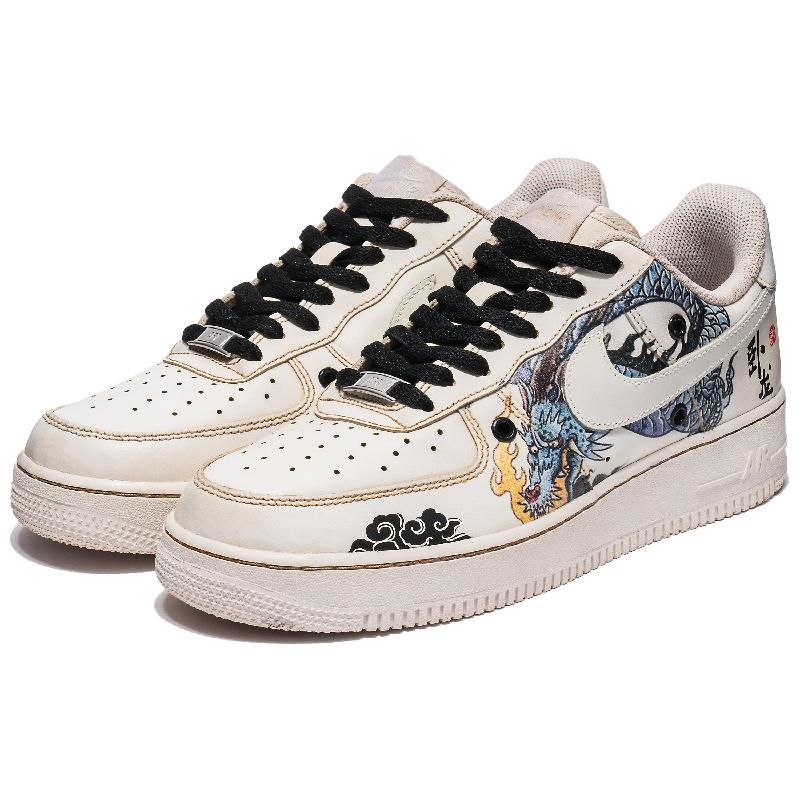 [Custom Men's Sleeping Dragon in black and brown]  Air Force 1 Skateboarding Shoes Men Low-top White