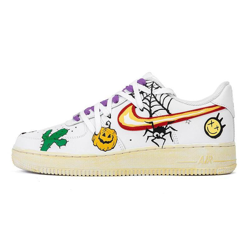 [Custom Men's graffiti logo deconstructed shoelaces]  Air Force 1 Skateboarding Shoes Men Low-top White