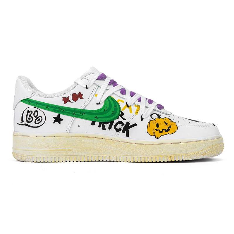 [Custom Men's graffiti logo deconstructed shoelaces]  Air Force 1 Skateboarding Shoes Men Low-top White