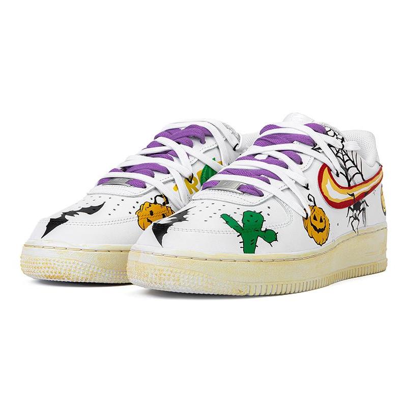 [Custom Men's graffiti logo deconstructed shoelaces]  Air Force 1 Skateboarding Shoes Men Low-top White