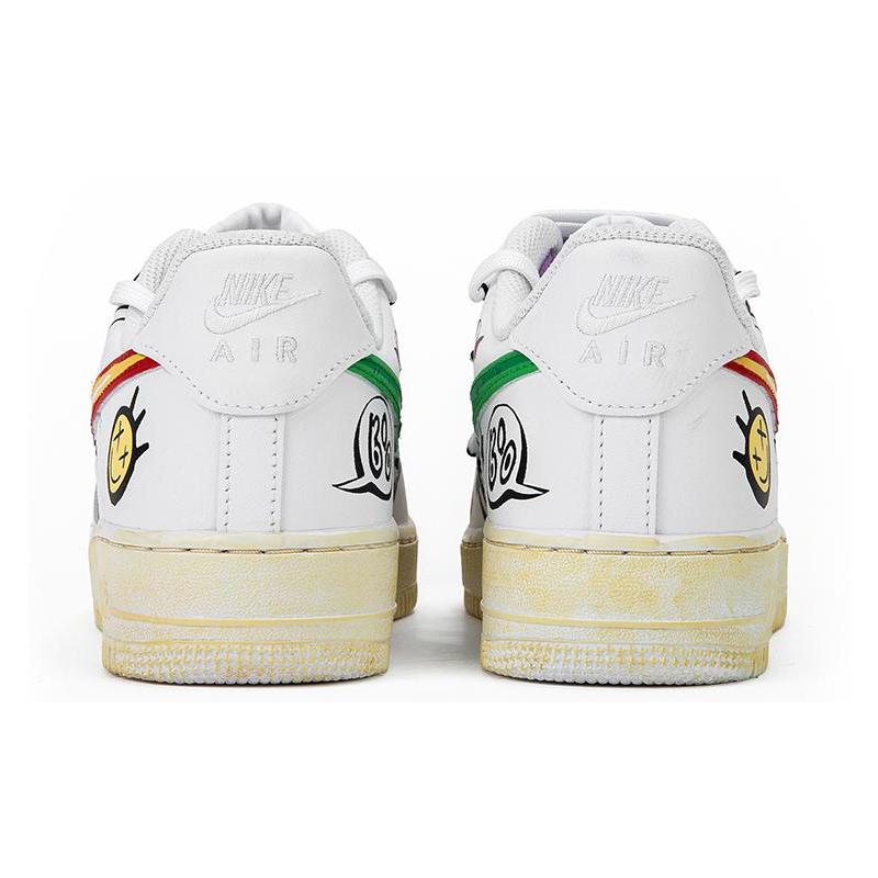 [Custom Men's graffiti logo deconstructed shoelaces]  Air Force 1 Skateboarding Shoes Men Low-top White