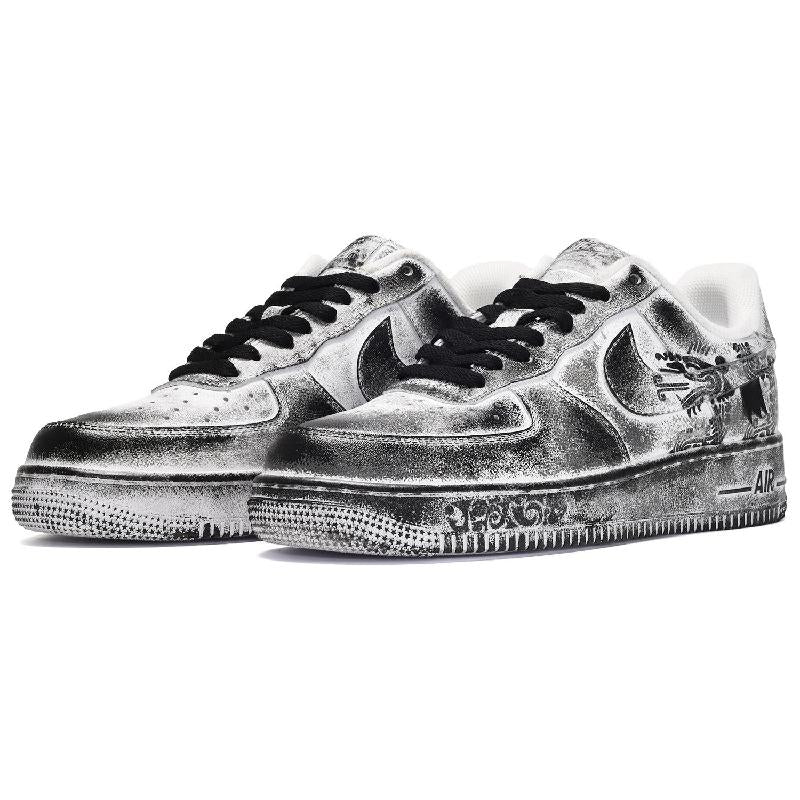 [Custom The men's Chinese dragon is in black, white and grey]  Air Force 1 Skateboarding Shoes Men Low-top Black/White/Gray