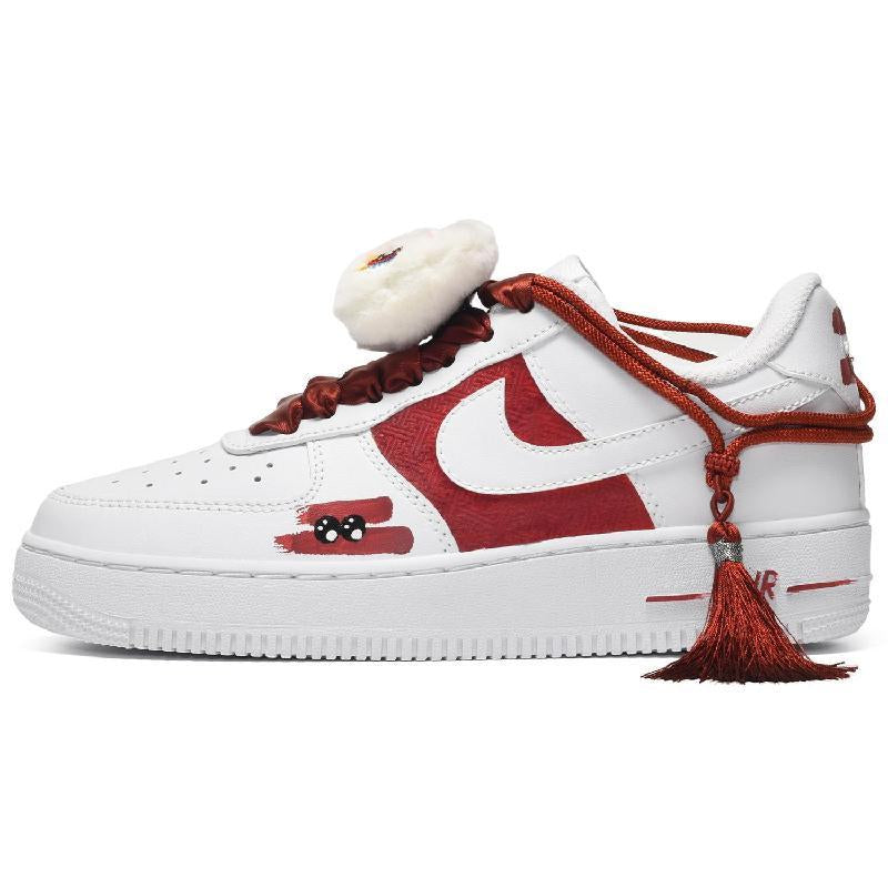 [Custom Men's Chinese-style fringed lion dance in red and white]  Air Force 1 Skateboarding Shoes Men Low-top Red And White